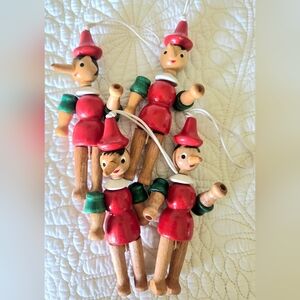 Vintage Lot Jointed Pinocchio Wooden Ornament Set 4.25" From Germany 1980's
